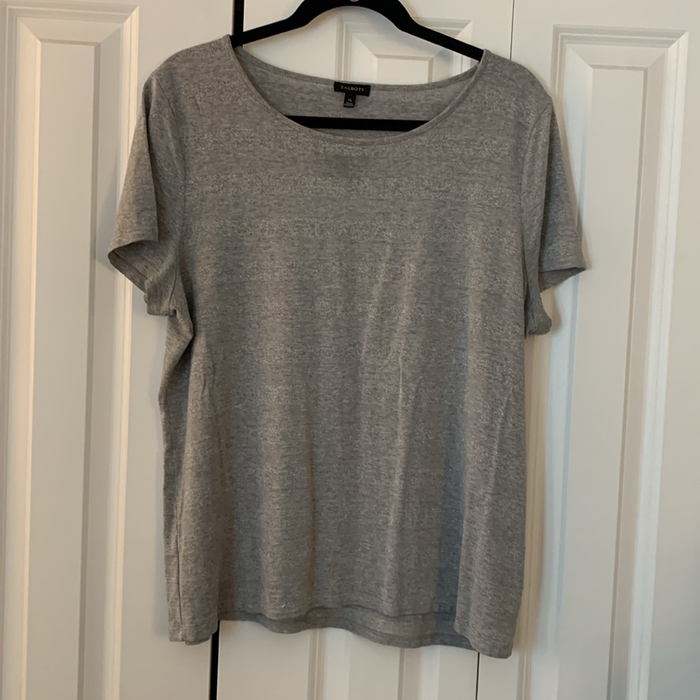 Talbots short sleeve grey and silver metallic striped knit top